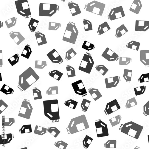 Black Plastic bottle for laundry detergent, bleach, dishwashing liquid or another cleaning agent icon isolated seamless pattern on white background. Vector