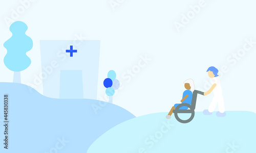 flat vector of nurse and disabled woman on wheelchair in garden of hospital during rehabilitation