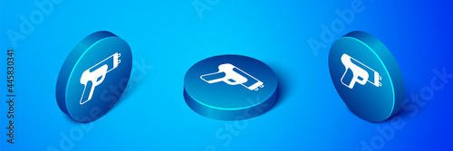 Isometric Police electric shocker icon isolated on blue background. Shocker for protection. Taser is an electric weapon. Blue circle button. Vector