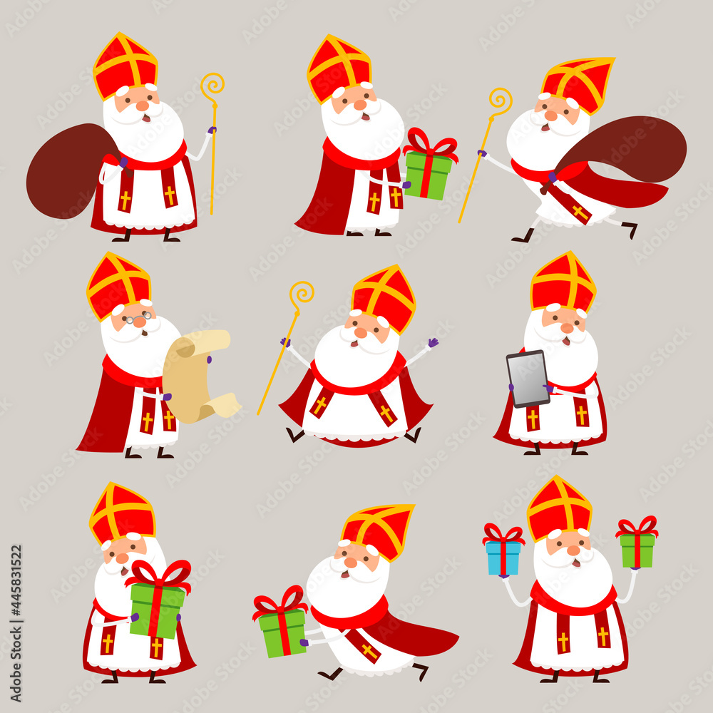 Fototapeta premium Cute Saint Nicholas or Sinterklaas collection - vector illustration