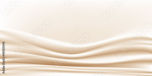 Abstract vector background luxury beige cloth or liquid wave Abstract cream fabric texture background. Rippled wavy milk. Beautiful background. Shiny silk fabric. Cloth soft wave. Creases of satin.