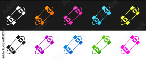 Set Longboard or skateboard cruiser icon isolated on black and white background. Extreme sport. Sport equipment. Vector