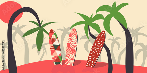 Artistic painting with a summer beach landscape. Surfboards are stuck in the sand, shaded by palm trees. Active rest and healthy lifestyle. Vector.