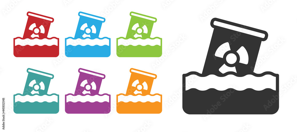 Black Radioactive waste in barrel icon isolated on white background. Toxic waste contamination on water. Environmental pollution. Set icons colorful. Vector Black Radioactive waste in barrel icon isolated on white background. Toxic waste contamination on water. Environmental pollution. Set icons colorful. Vector