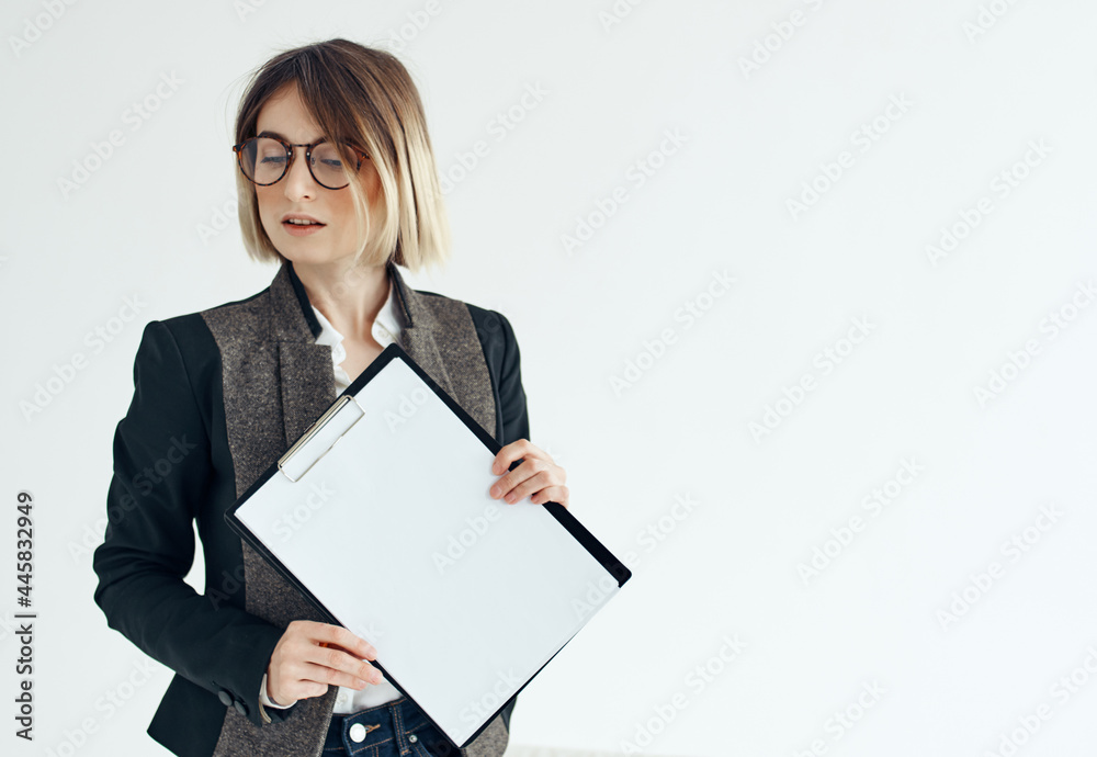 Business woman wearing glasses documents office professional light background Business woman wearing glasses documents office professional light background