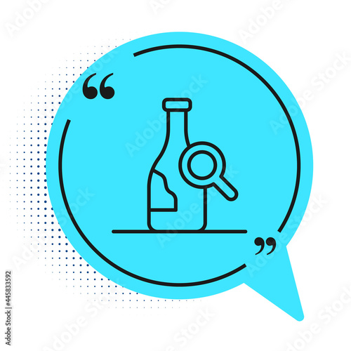 Black line Bottle of wine icon isolated on white background. Details about wine. Blue speech bubble symbol. Vector