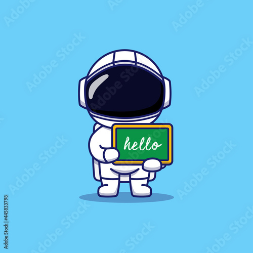 Cute astronaut carrying a chalkboard that says hello