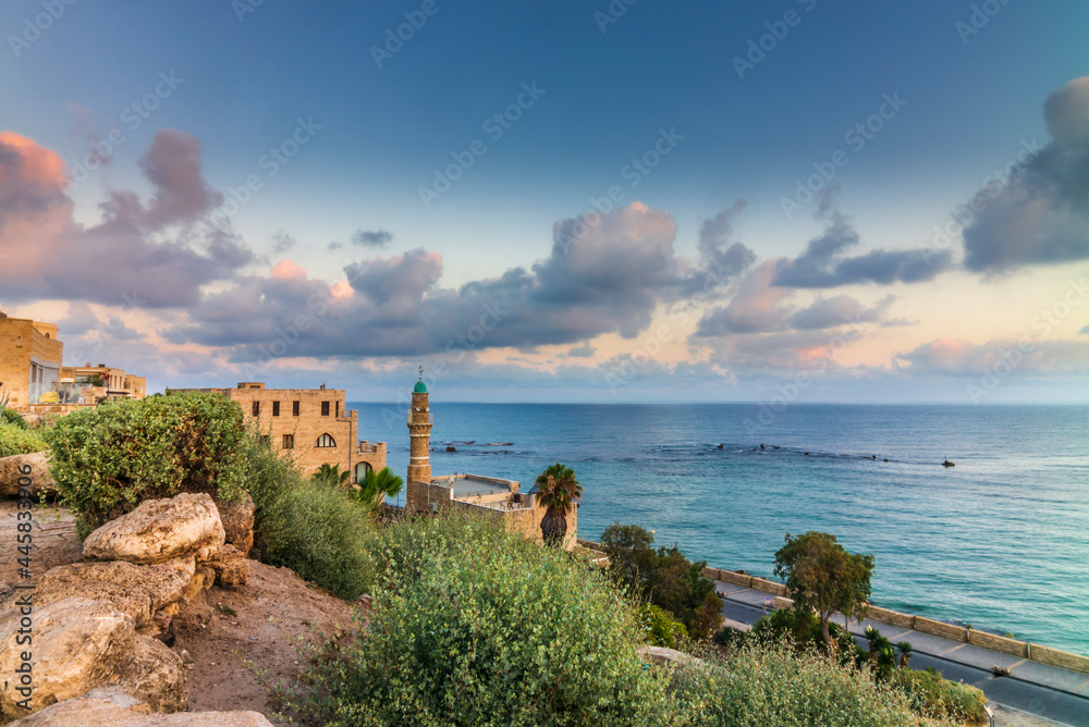 View of the Sea Mosque in the old town of Jaffa in Israel with a colorful sunrise
