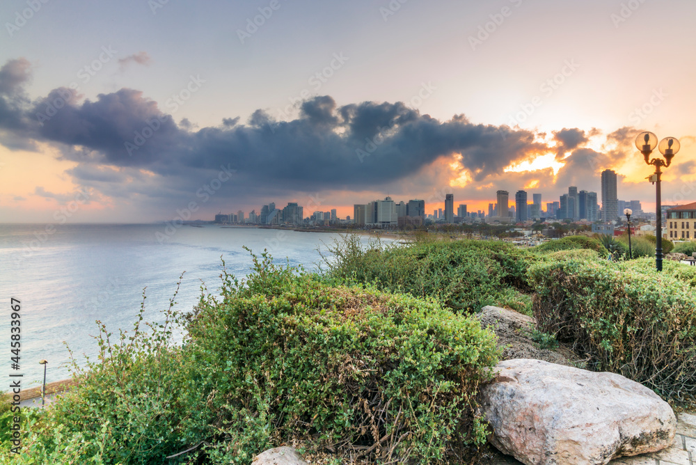 View of Tel Aviv skyline at sunrise