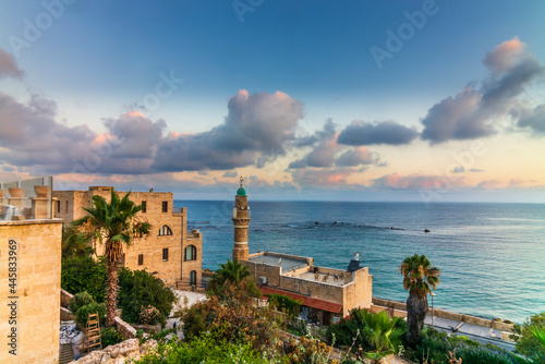 View of the Sea Mosque in the old town of Jaffa in Israel with a colorful sunrise