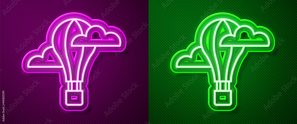 Glowing neon line Hot air balloon icon isolated on purple and green background. Air transport for travel. Vector Glowing neon line Hot air balloon icon isolated on purple and green background. Air transport for travel. Vector