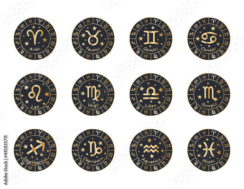 Set of 12 Zodiac signs with titles. The signs Aries, Taurus, Gemini, Cancer, Leo, Virgo, Libra, Scorpio, Aquarius, Sagittarius, Capricorn, Pisces. Golden vector illustration in circles of Zodiac signs