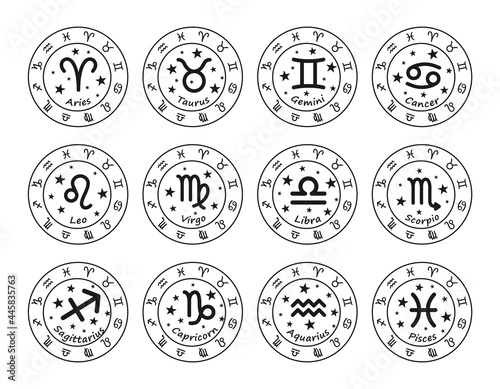 Set of 12 Zodiac signs with titles. The signs Capricorn, Pisces, Aries, Taurus, Gemini, Cancer, Leo, Virgo, Libra, Scorpio, Aquarius, Sagittarius. Black vector illustration in circles of Zodiac signs