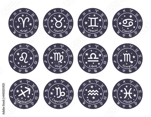 Set of 12 Zodiac signs. The signs Capricorn, Pisces, Aries, Taurus, Gemini, Cancer, Leo, Virgo, Libra, Scorpio, Aquarius, Sagittarius. Vector illustration in circles of Zodiac signs on blue background