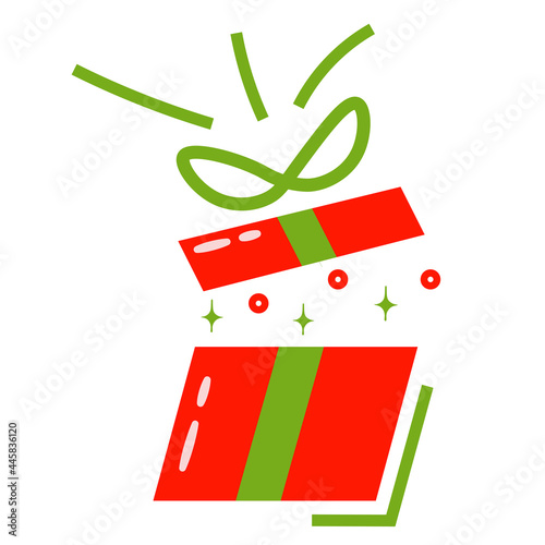 Red bright gift in a flat style. Surprise with a colorful souvenir. Opened gift box, unusual experience. A special holiday is birthday, New Year. Colorful icon.Isolated vector flat illustrations.