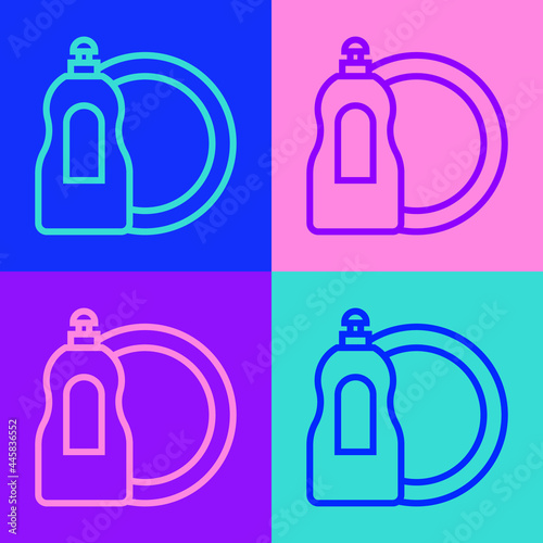 Pop art line Dishwashing liquid bottle and plate icon isolated on color background. Liquid detergent for washing dishes. Vector