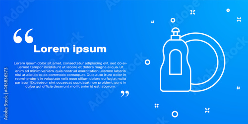 White line Dishwashing liquid bottle and plate icon isolated on blue background. Liquid detergent for washing dishes. Vector