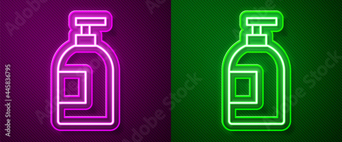 Glowing neon line Dishwashing liquid bottle icon isolated on purple and green background. Liquid detergent for washing dishes. Vector
