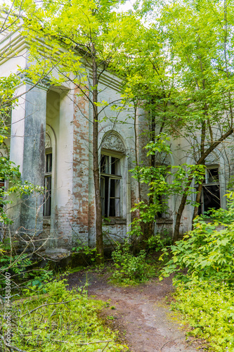 Vertical shot of an abandoned public building inside the Chernobyl Exclusion Zone near the town of Chernobyl, Ukraine