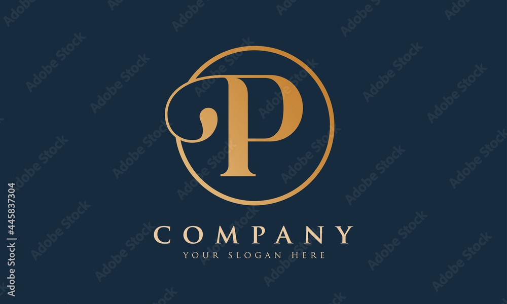 Initial P letter Gold Color With Black Background Logo Design vector Template. Calligraphy Letter P Logo Design