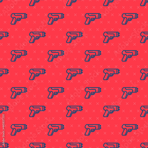 Blue line Police electric shocker icon isolated seamless pattern on red background. Shocker for protection. Taser is an electric weapon. Vector