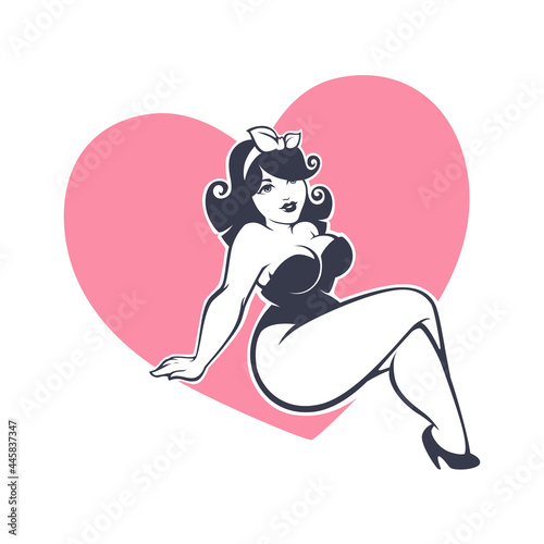 happy plus size pinup girl on heart shape background