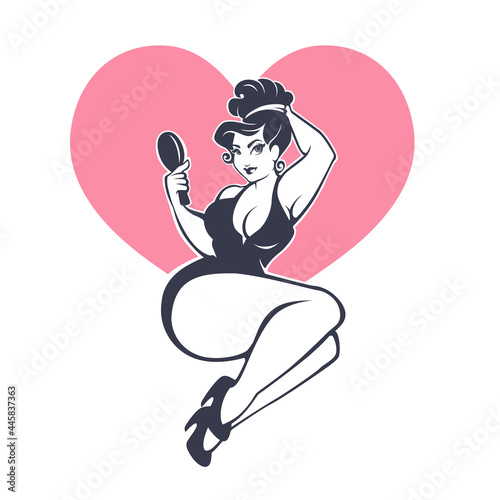 happy plus size pinup girl on heart shape background