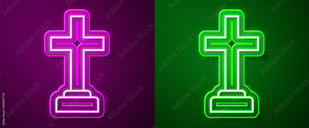 Glowing neon line Man graves funeral sorrow icon isolated on purple and green background. The emotion of grief, sadness, sorrow, death. Vector Glowing neon line Man graves funeral sorrow icon isolated on purple and green background. The emotion of grief, sadness, sorrow, death. Vector