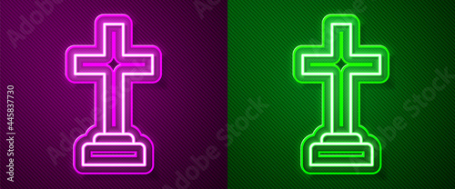 Glowing neon line Man graves funeral sorrow icon isolated on purple and green background. The emotion of grief, sadness, sorrow, death. Vector