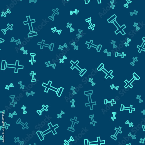 Green line Man graves funeral sorrow icon isolated seamless pattern on blue background. The emotion of grief, sadness, sorrow, death. Vector