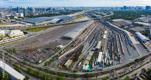 Aerial view of Bang Sue Grand Station Bangkok Thailand. Expressway, Trains and high-speed trains And Road traffic an important infrastructure 