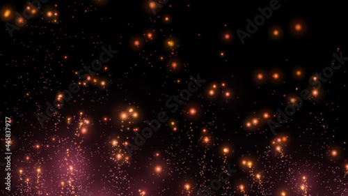 Abstract particles of a bonfire fly in disorderly motion against the background of the night sky. Beautiful background of the festival, holiday, anniversary. 4 K. Isolated black background. © Valentin