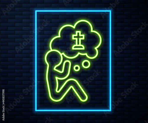 Glowing neon line Man graves funeral sorrow icon isolated on brick wall background. The emotion of grief, sadness, sorrow, death. Vector