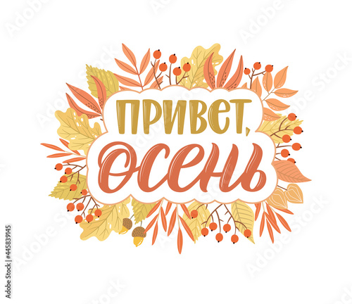 Back to school quotes in Russian. Hand-drawn lettering with decorative elements in trendy style. Cozy design for your projects. ​Russian translation Hello Autumn.