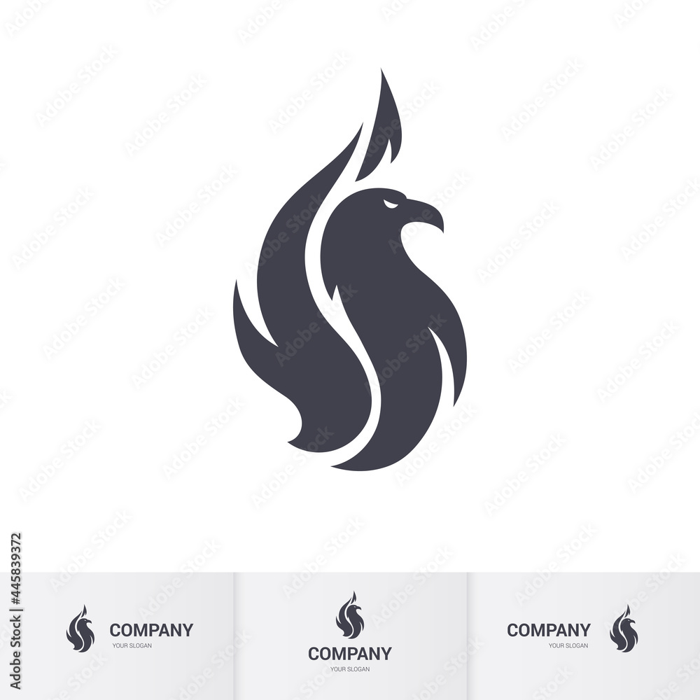 Obraz premium Flat Illustration of Stylized Flaming Phoenix or Falcon, Eagle Bird Logo Designs Template on White Background