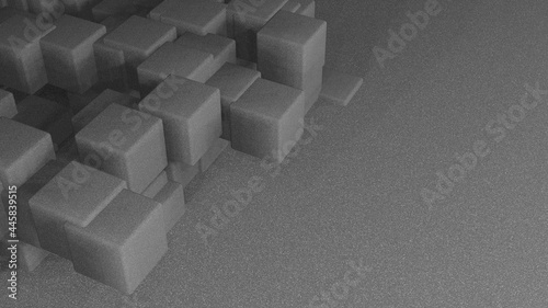 Aerial view of rough surface cube stone structure on soft grey floor (3D Rendering)