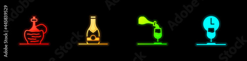Set Wine in italian fiasco bottle, Champagne, tasting, degustation and time icon. Vector