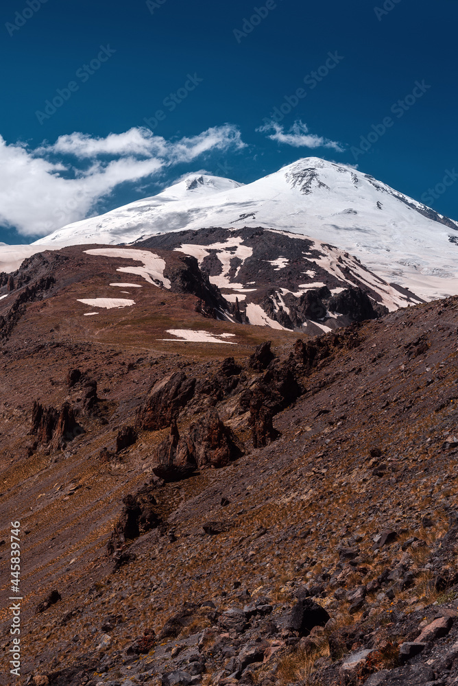 the snowy peak of Mount Elbrus. The Caucasus mountains.