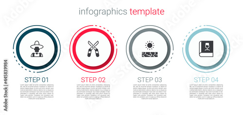 Set Farmer in the hat, Gardening scissors, Drought and Book about wine. Business infographic template. Vector