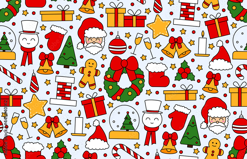 Fototapeta Seamless repeating pattern with Christmas and Happy New Year symbols. In vintage traditional style for postcard, fabric, banner, template for congratulations, wrapping paper. Vector flat illustration.