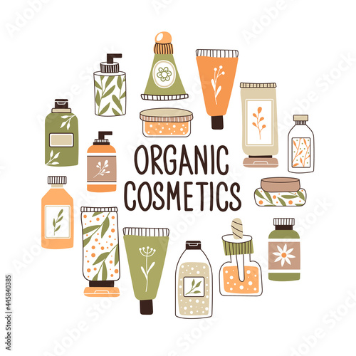 Pattern with organic cosmetics with place for text. A set of bottles and tubes  jars for skin care with face  hair and body cream. Fashion style for postcards  banners  templates. Vector illustration.