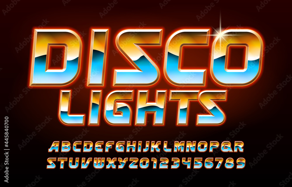Disco Lights alphabet font. Glowing letters and numbers in 80s style. Stock vector typeface for your typography design.