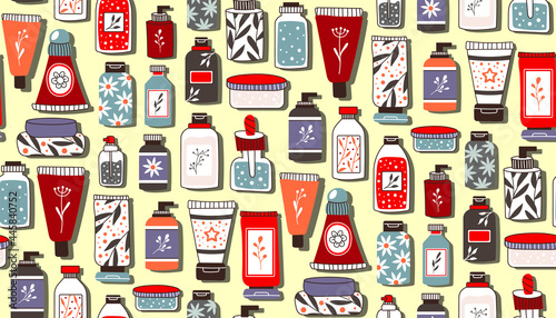 Seamless repeating pattern with cosmetics. A set of bottles and tubes, jars for skin care with face, hair and body cream. Fashion style for a postcard, banner, template for wrapping paper. Vector.