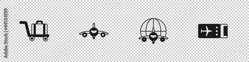 Set Trolley baggage, Plane, Globe with flying plane and Airline ticket icon. Vector