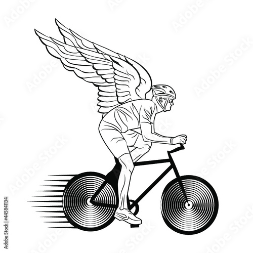 Monochrome cyclist with angel crucibles. Vector illustration isolated on white background.
