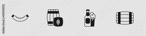 Set Sausage, Wooden barrel, Beer bottle and glass and icon. Vector