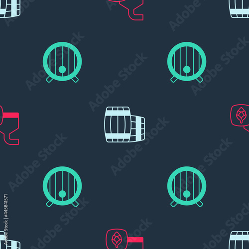 Set Beer brewing process, Wooden barrel and on seamless pattern. Vector