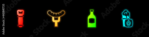 Set Bottle opener, Sausage on the fork, Beer bottle and Glass of beer icon. Vector