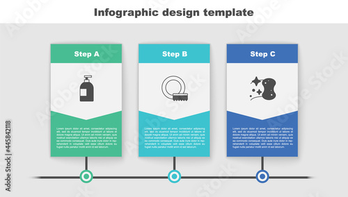 Set Dishwashing liquid bottle, Washing dishes and Sponge. Business infographic template. Vector