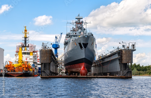 Destroyer in dry dock in harbor of Wilhelmshaven, Germany